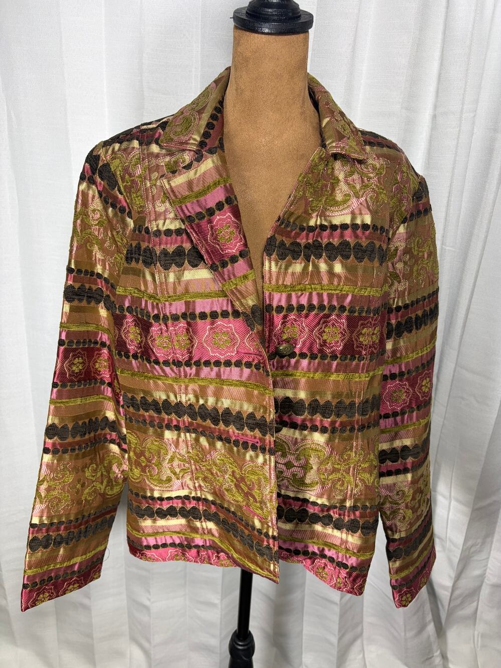 Erin London Womens Large Jacquard Tapestry Blazer Pink Green Gold Boho Jacket